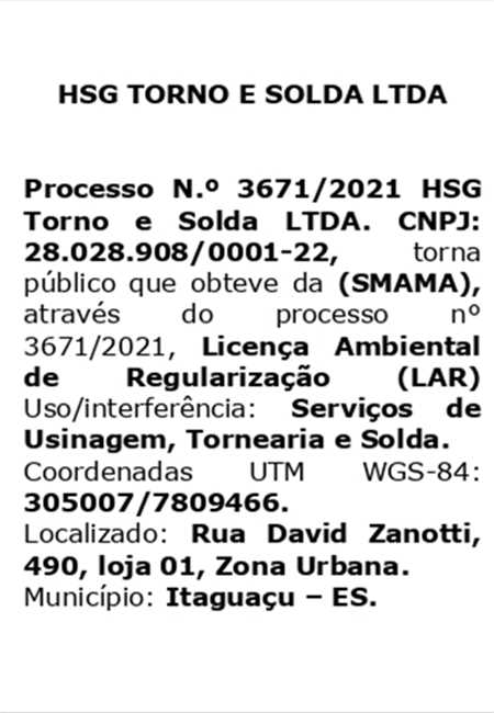 HSG TORNO E SOLDA LTDA